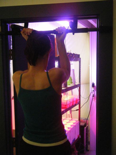 The door to the biology lab (and Christiane doing pullups).